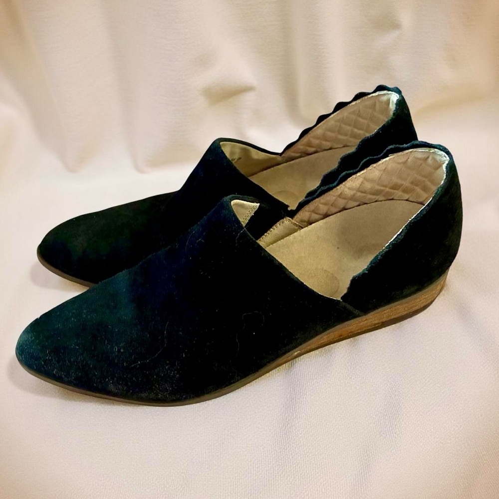 Scalloped Black Suede Slip-In Shoes